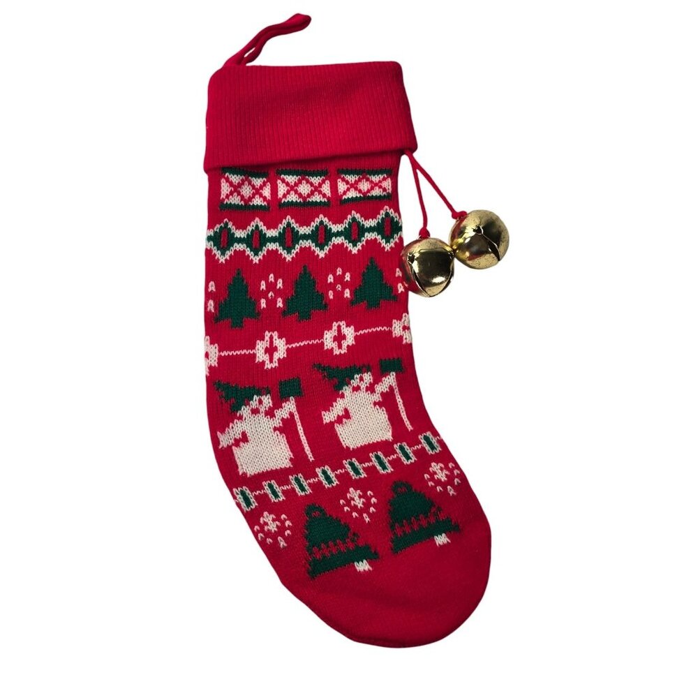 Vintage Christmas Stocking 1985 Knit Snowmen Trees Bells Red Green Graphic Intl